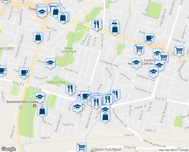 map of restaurants, bars, coffee shops, grocery stores, and more near 55 Lake Avenue Drive in Hamilton