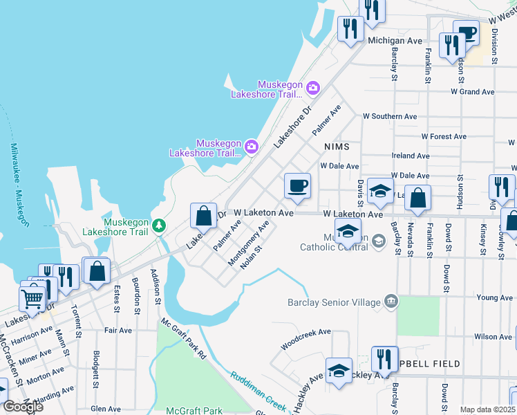 map of restaurants, bars, coffee shops, grocery stores, and more near 1752 Schuyler Street in Muskegon