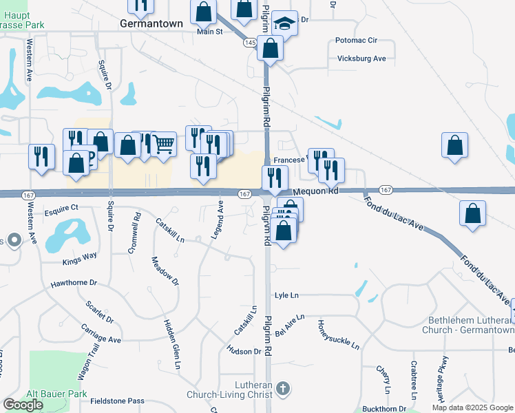 map of restaurants, bars, coffee shops, grocery stores, and more near N111W15784 Vienna Court in Germantown