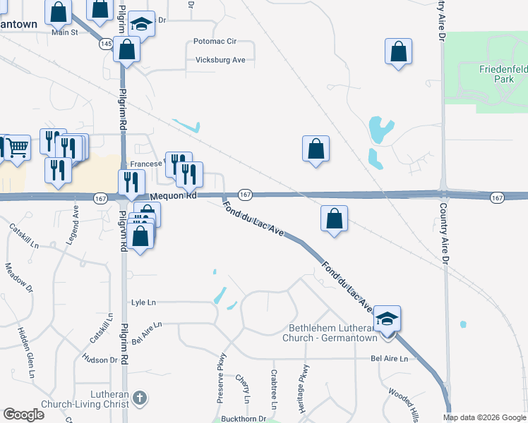 map of restaurants, bars, coffee shops, grocery stores, and more near W151N11112 Mequon Road in Germantown
