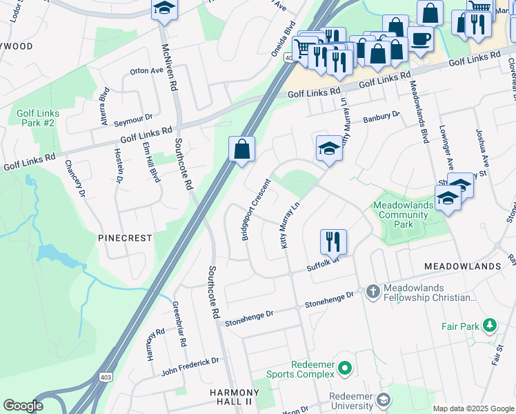 map of restaurants, bars, coffee shops, grocery stores, and more near 67 Bridgeport Crescent in Hamilton