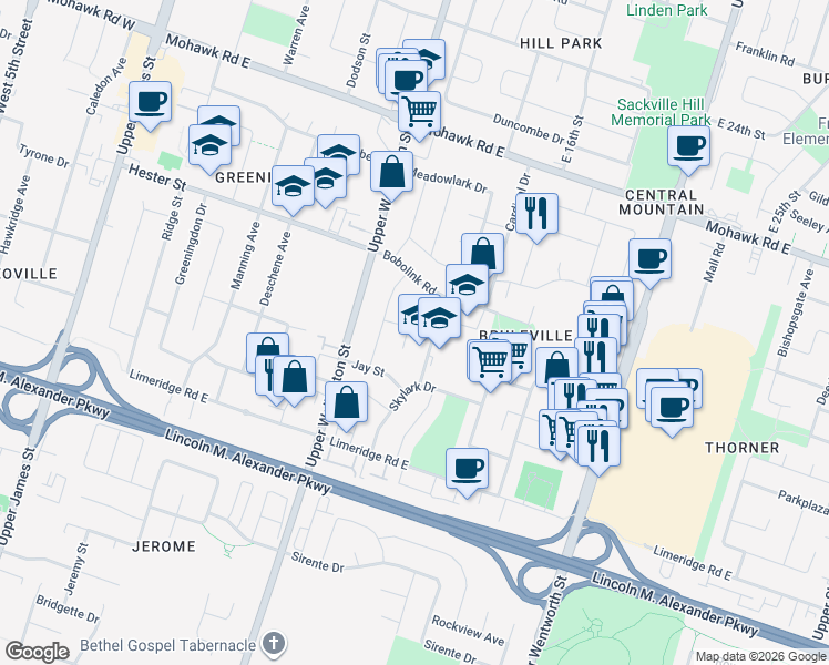 map of restaurants, bars, coffee shops, grocery stores, and more near 57 Crane Court in Hamilton