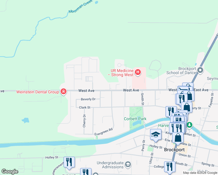 map of restaurants, bars, coffee shops, grocery stores, and more near 248 West Avenue in Brockport