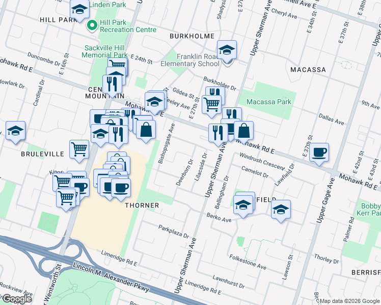 map of restaurants, bars, coffee shops, grocery stores, and more near 18 Lilacside Drive in Hamilton