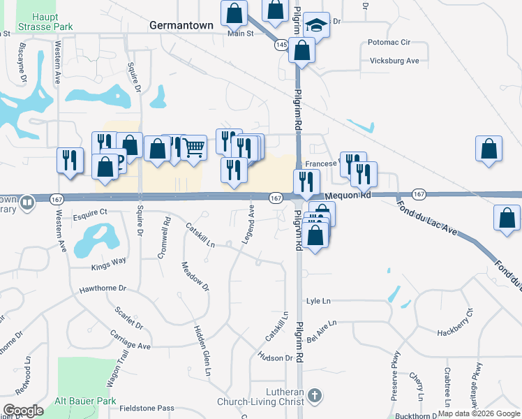 map of restaurants, bars, coffee shops, grocery stores, and more near N111W15864 Vienna Court in Germantown