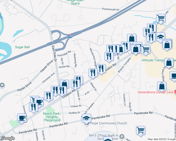 map of restaurants, bars, coffee shops, grocery stores, and more near 2B Salisbury Green Road in Concord