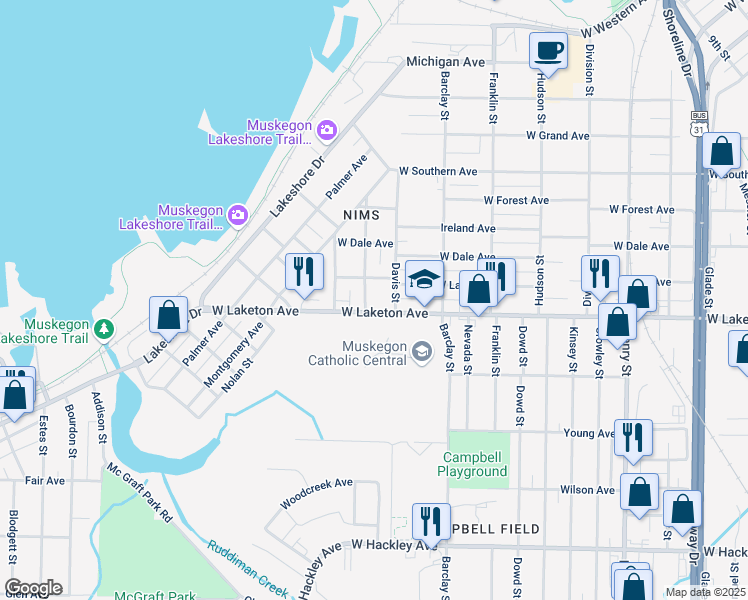 map of restaurants, bars, coffee shops, grocery stores, and more near 1241 West Larch Avenue in Muskegon