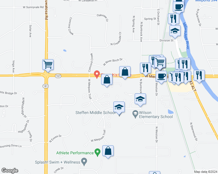 map of restaurants, bars, coffee shops, grocery stores, and more near 6809 West Mequon Road in Mequon