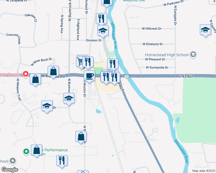 map of restaurants, bars, coffee shops, grocery stores, and more near 6001 W Mequon Rd in Mequon