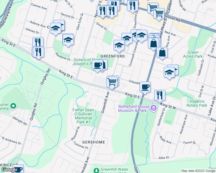 map of restaurants, bars, coffee shops, grocery stores, and more near 15 Owen Place in Hamilton