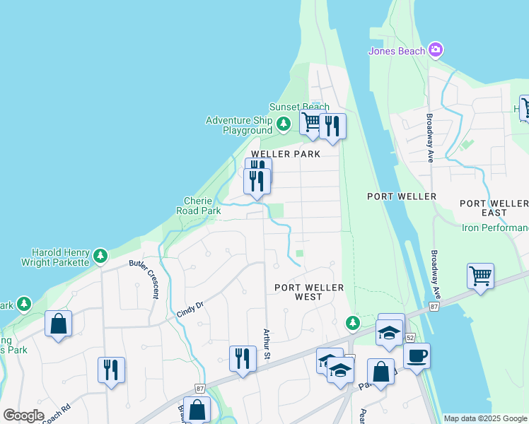 map of restaurants, bars, coffee shops, grocery stores, and more near 92 Arthur Street in Saint Catharines