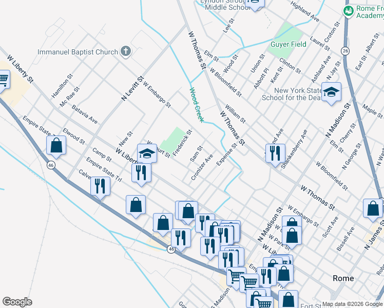 map of restaurants, bars, coffee shops, grocery stores, and more near 319 Sam Street in Rome