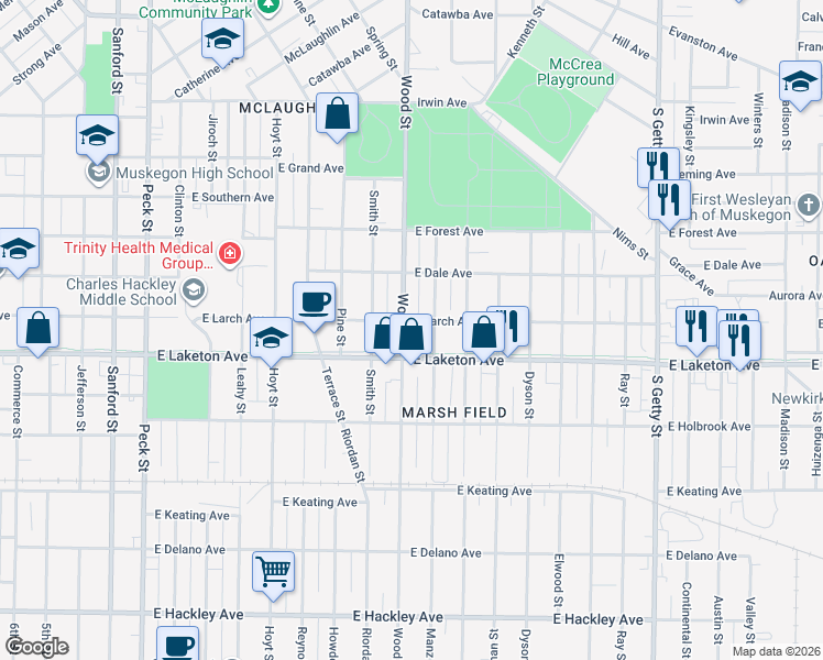 map of restaurants, bars, coffee shops, grocery stores, and more near 1729 Manz Street in Muskegon