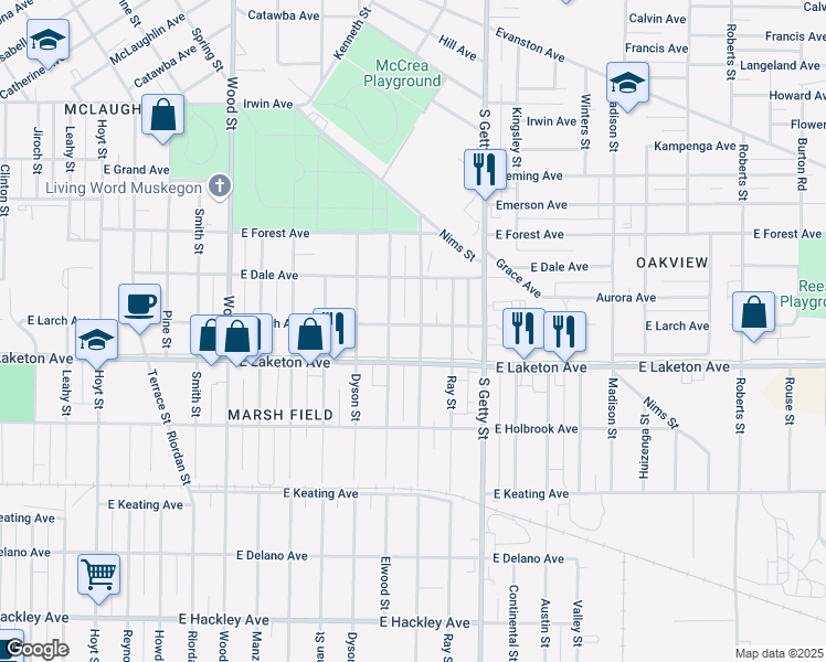 map of restaurants, bars, coffee shops, grocery stores, and more near 689 East Larch Avenue in Muskegon