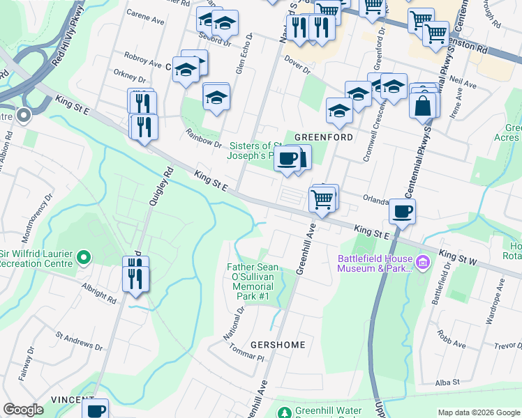 map of restaurants, bars, coffee shops, grocery stores, and more near 2750 King Street East in Hamilton