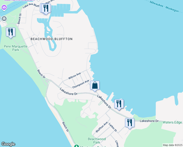 map of restaurants, bars, coffee shops, grocery stores, and more near 1796 Edgewater Street in Muskegon