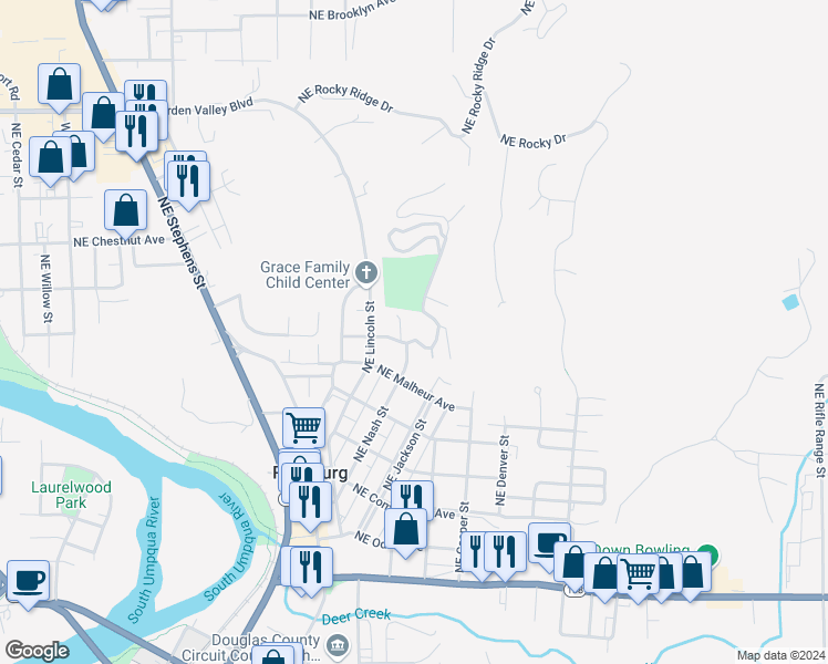 map of restaurants, bars, coffee shops, grocery stores, and more near 1324 Northeast Beulah Drive in Roseburg