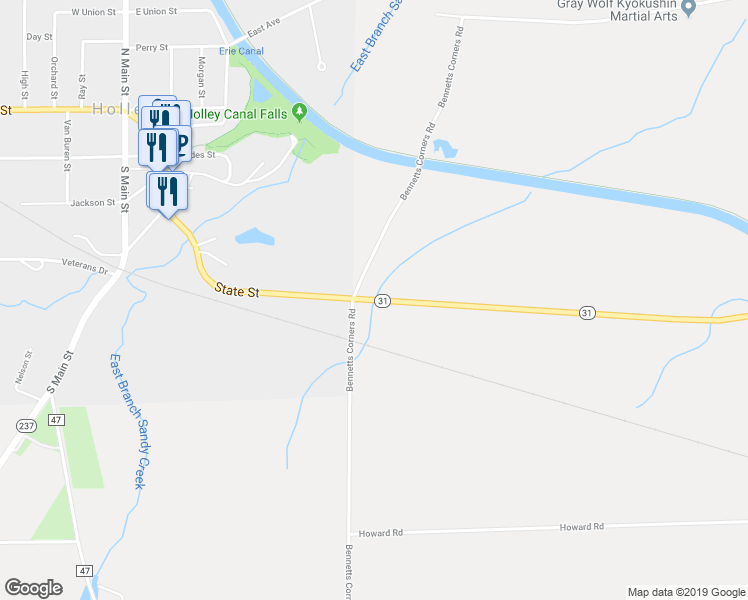 map of restaurants, bars, coffee shops, grocery stores, and more near 18 Brockport-Holley Road in Holley