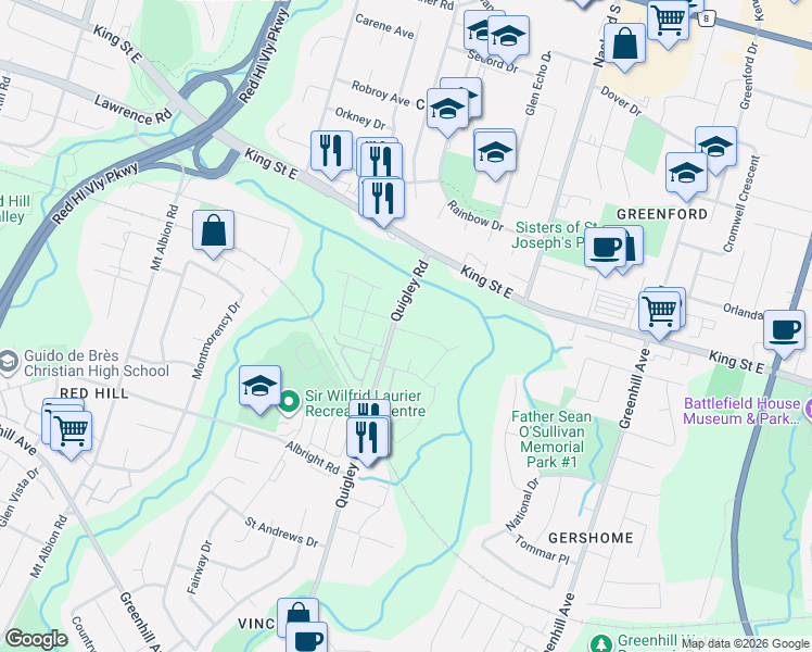 map of restaurants, bars, coffee shops, grocery stores, and more near 49 Quigley Road in Hamilton