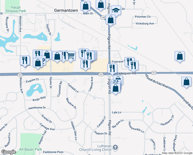 map of restaurants, bars, coffee shops, grocery stores, and more near N111W15862 Vienna Court in Germantown