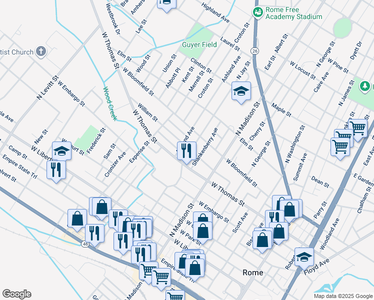 map of restaurants, bars, coffee shops, grocery stores, and more near 507 William Street in Rome