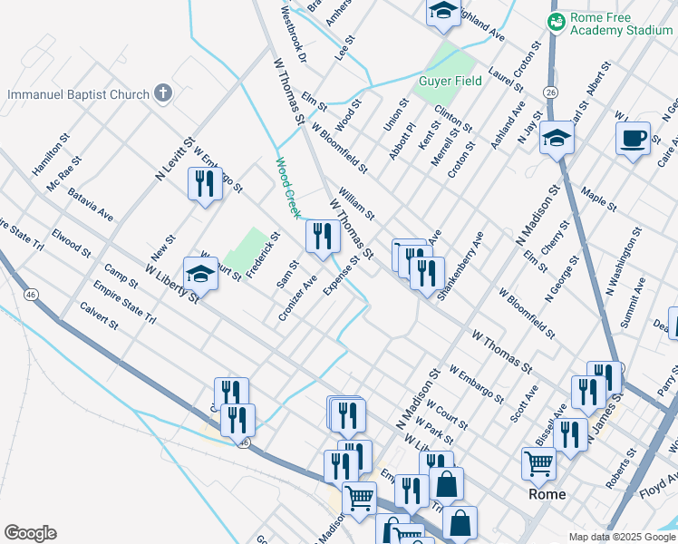 map of restaurants, bars, coffee shops, grocery stores, and more near 409 Expense Street in Rome