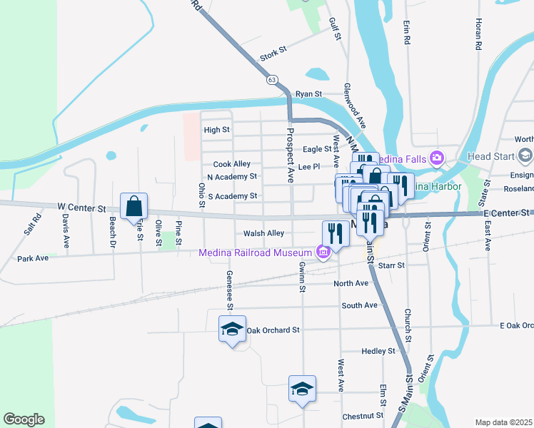 map of restaurants, bars, coffee shops, grocery stores, and more near 413 Catherine Street in Medina