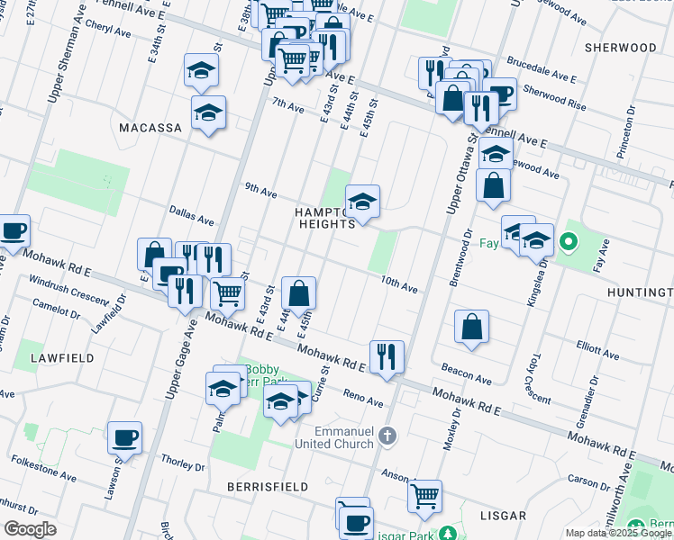map of restaurants, bars, coffee shops, grocery stores, and more near 775 10th Avenue in Hamilton
