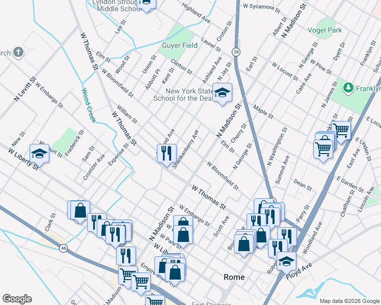 map of restaurants, bars, coffee shops, grocery stores, and more near 414 West Bloomfield Street in Rome