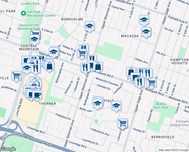 map of restaurants, bars, coffee shops, grocery stores, and more near 94 Windrush Crescent in Hamilton