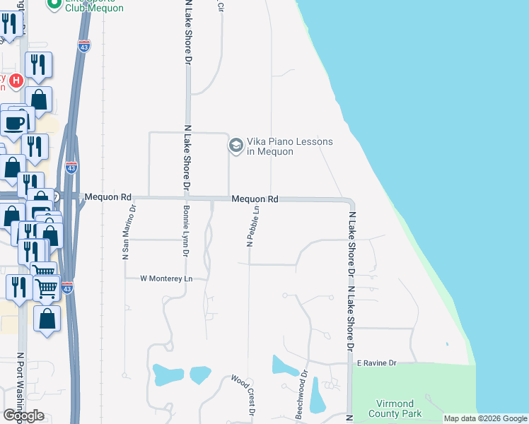 map of restaurants, bars, coffee shops, grocery stores, and more near 223 Mequon Road in Mequon