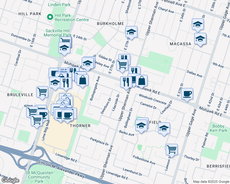 map of restaurants, bars, coffee shops, grocery stores, and more near 46 Lilacside Drive in Hamilton