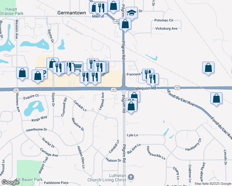 map of restaurants, bars, coffee shops, grocery stores, and more near N111W15782 Vienna Court in Germantown