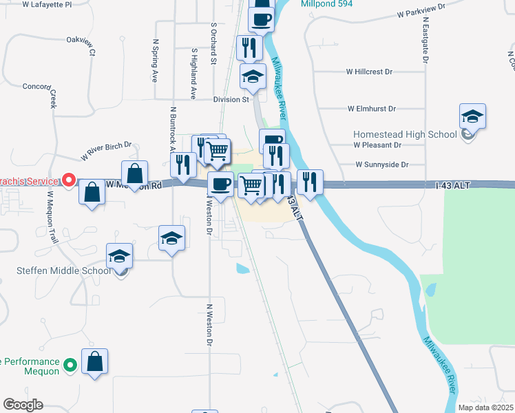 map of restaurants, bars, coffee shops, grocery stores, and more near 6111 West Mequon Road in Mequon