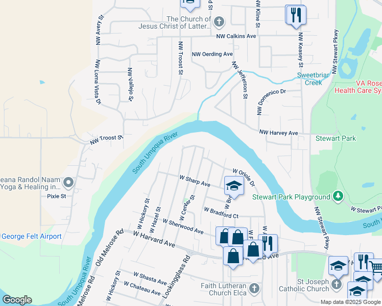 map of restaurants, bars, coffee shops, grocery stores, and more near 128 West Bodie Street in Roseburg