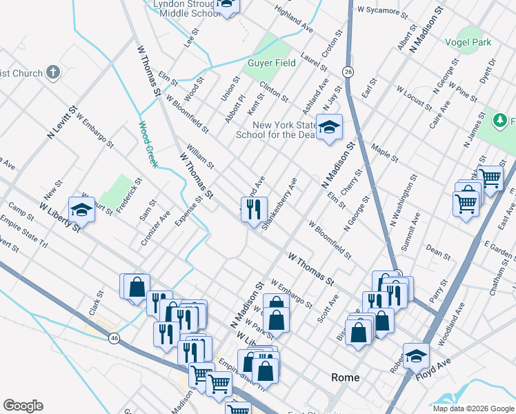 map of restaurants, bars, coffee shops, grocery stores, and more near 515 North Jay Street in Rome