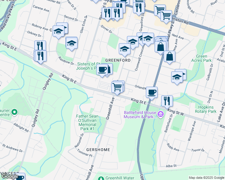 map of restaurants, bars, coffee shops, grocery stores, and more near 15 Owen Place in Hamilton