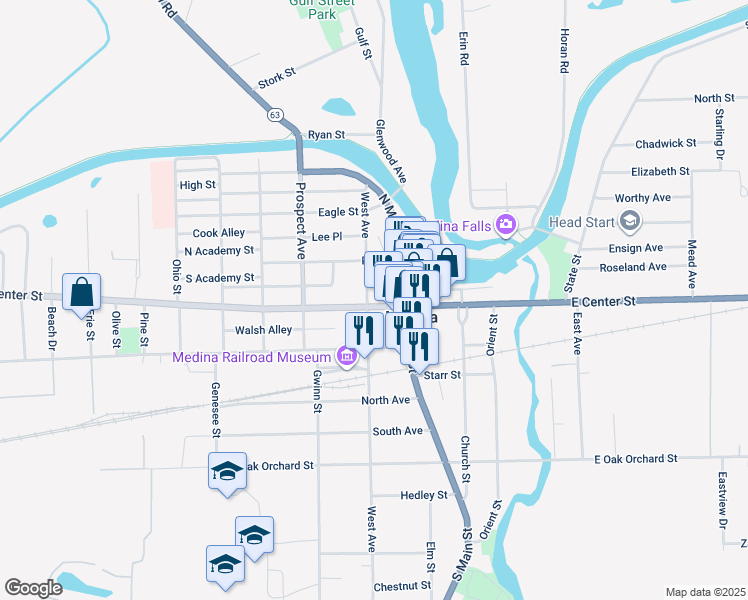 map of restaurants, bars, coffee shops, grocery stores, and more near 128 West Center Street in Medina