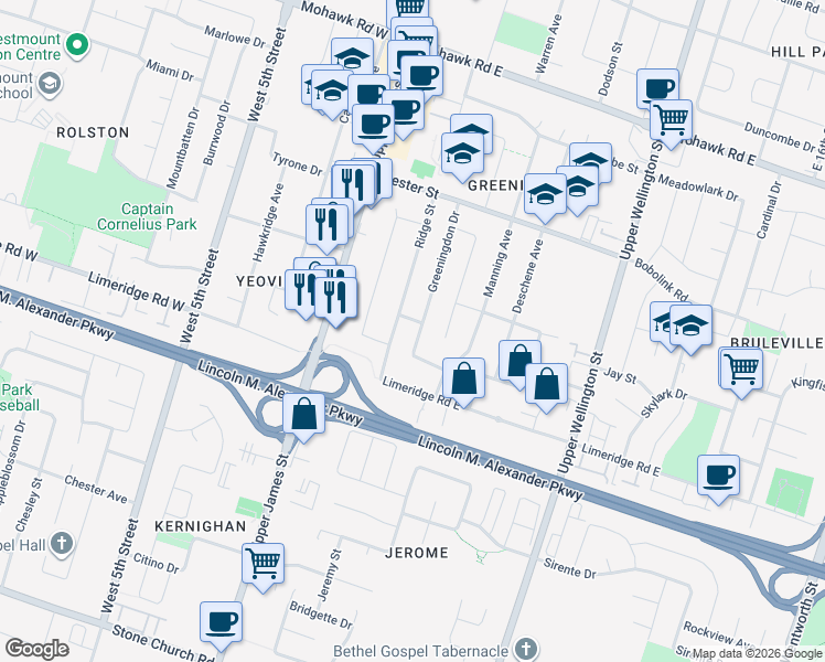 map of restaurants, bars, coffee shops, grocery stores, and more near 112 Greeningdon Drive in Hamilton