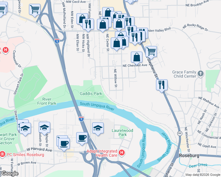map of restaurants, bars, coffee shops, grocery stores, and more near 945 Northeast Cedar Street in Roseburg