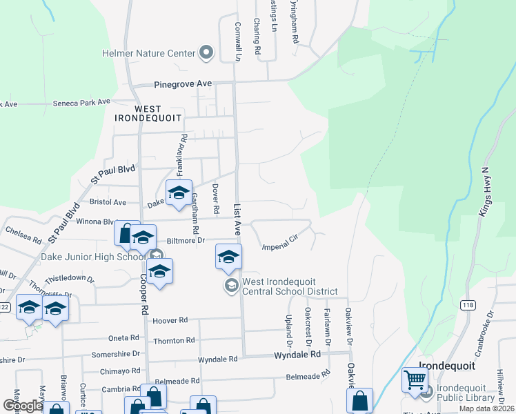 map of restaurants, bars, coffee shops, grocery stores, and more near 32 Old North Hill in Rochester