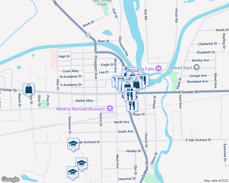 map of restaurants, bars, coffee shops, grocery stores, and more near 415 West Avenue in Medina
