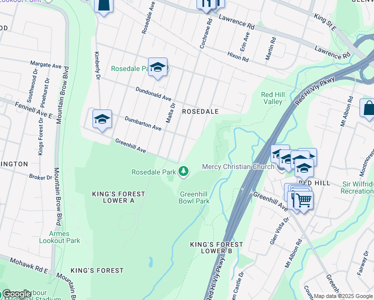 map of restaurants, bars, coffee shops, grocery stores, and more near 606 Rosseau Road in Hamilton