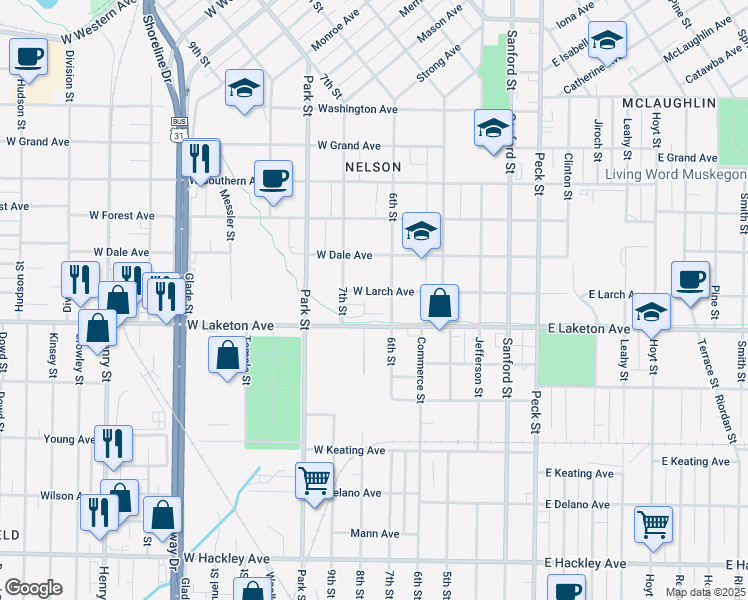 map of restaurants, bars, coffee shops, grocery stores, and more near 310 West Larch Avenue in Muskegon