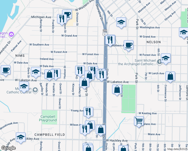 map of restaurants, bars, coffee shops, grocery stores, and more near 766 West Larch Avenue in Muskegon