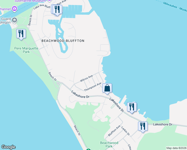 map of restaurants, bars, coffee shops, grocery stores, and more near 3290 Wilcox Avenue in Muskegon