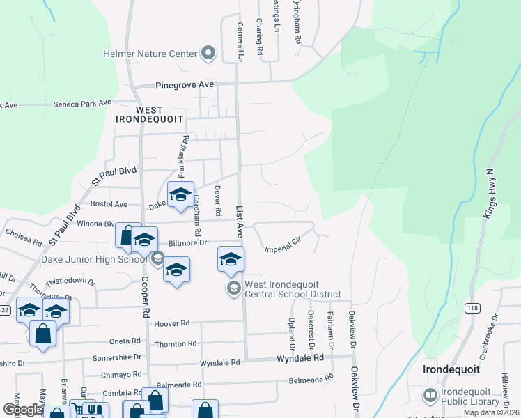 map of restaurants, bars, coffee shops, grocery stores, and more near 32 Old North Hill in Rochester