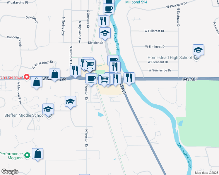 map of restaurants, bars, coffee shops, grocery stores, and more near 6001 West Mequon Road in Mequon