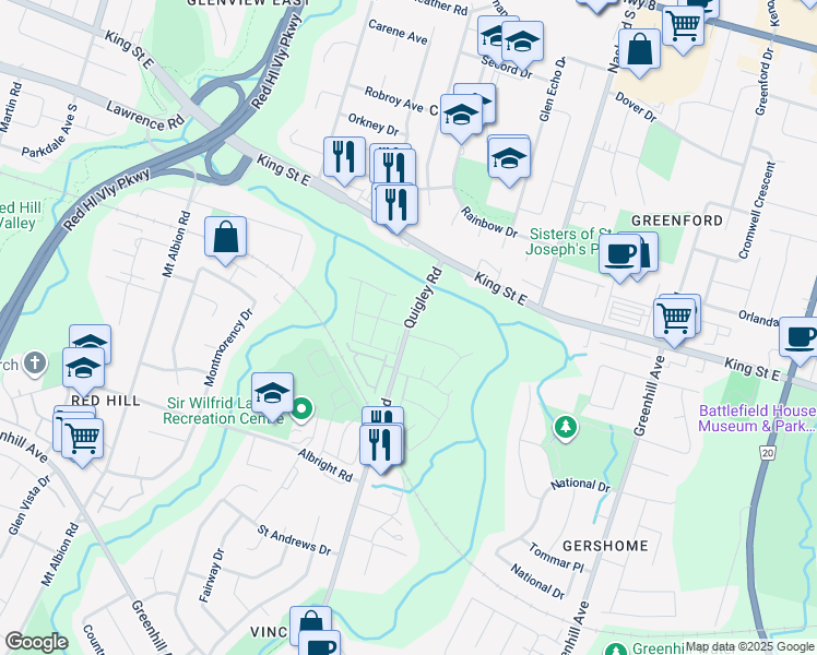 map of restaurants, bars, coffee shops, grocery stores, and more near 100 Quigley Rd in Hamilton Division