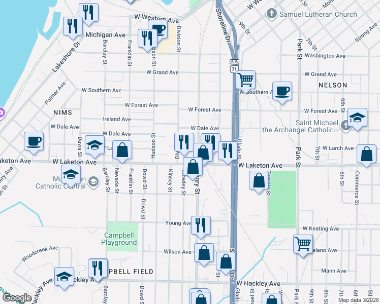 map of restaurants, bars, coffee shops, grocery stores, and more near 833 West Larch Avenue in Muskegon